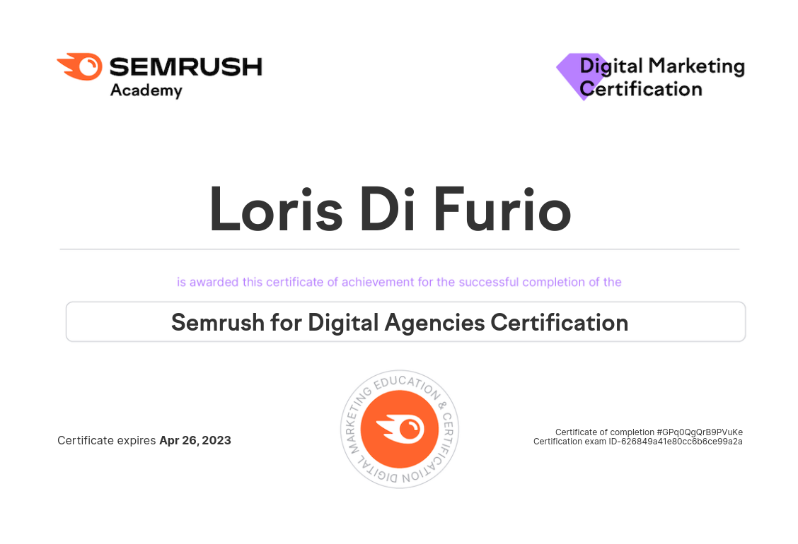 SemRush for digital Agency Certification Loris Di Furio