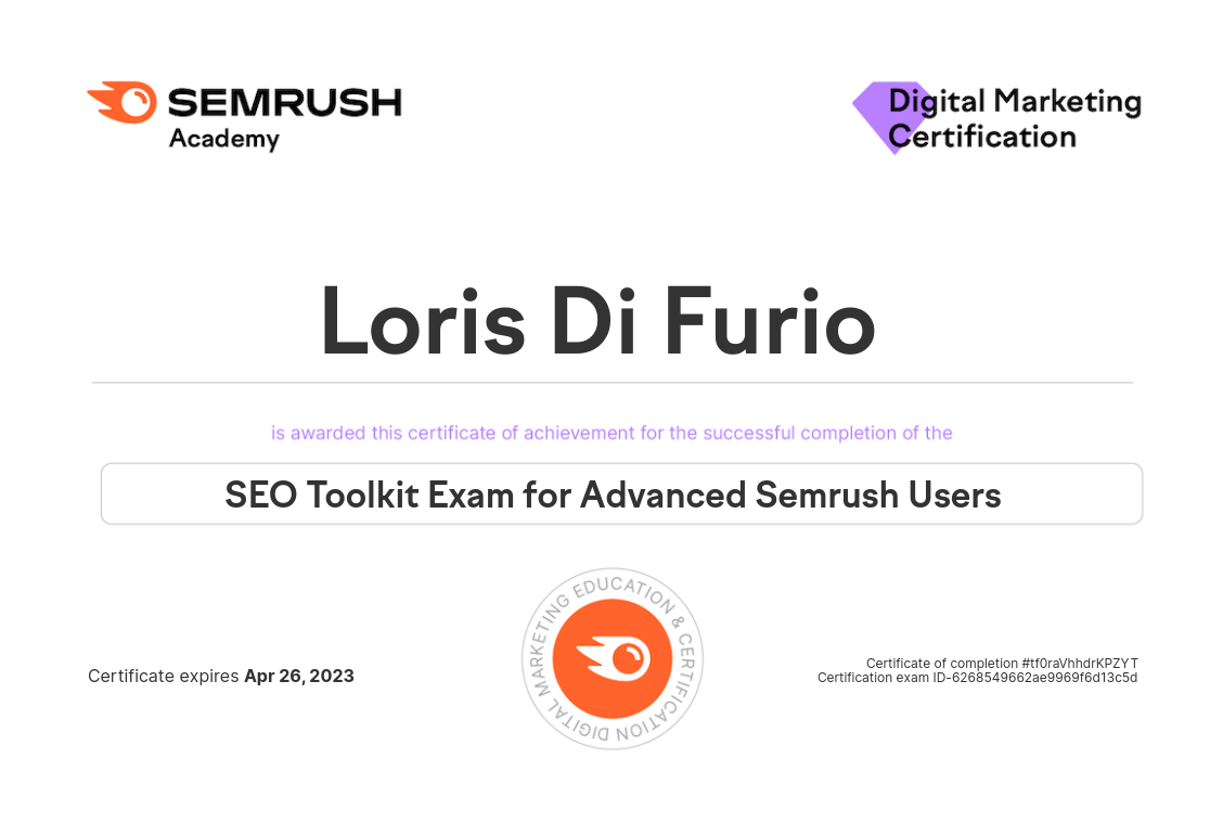 Seo toolkit exam for advance semrush users Loris Di Furio