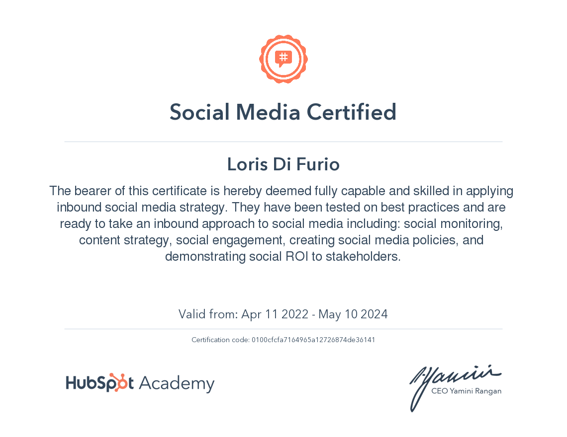 Social Media Certified HubSpot Loris Di Furio